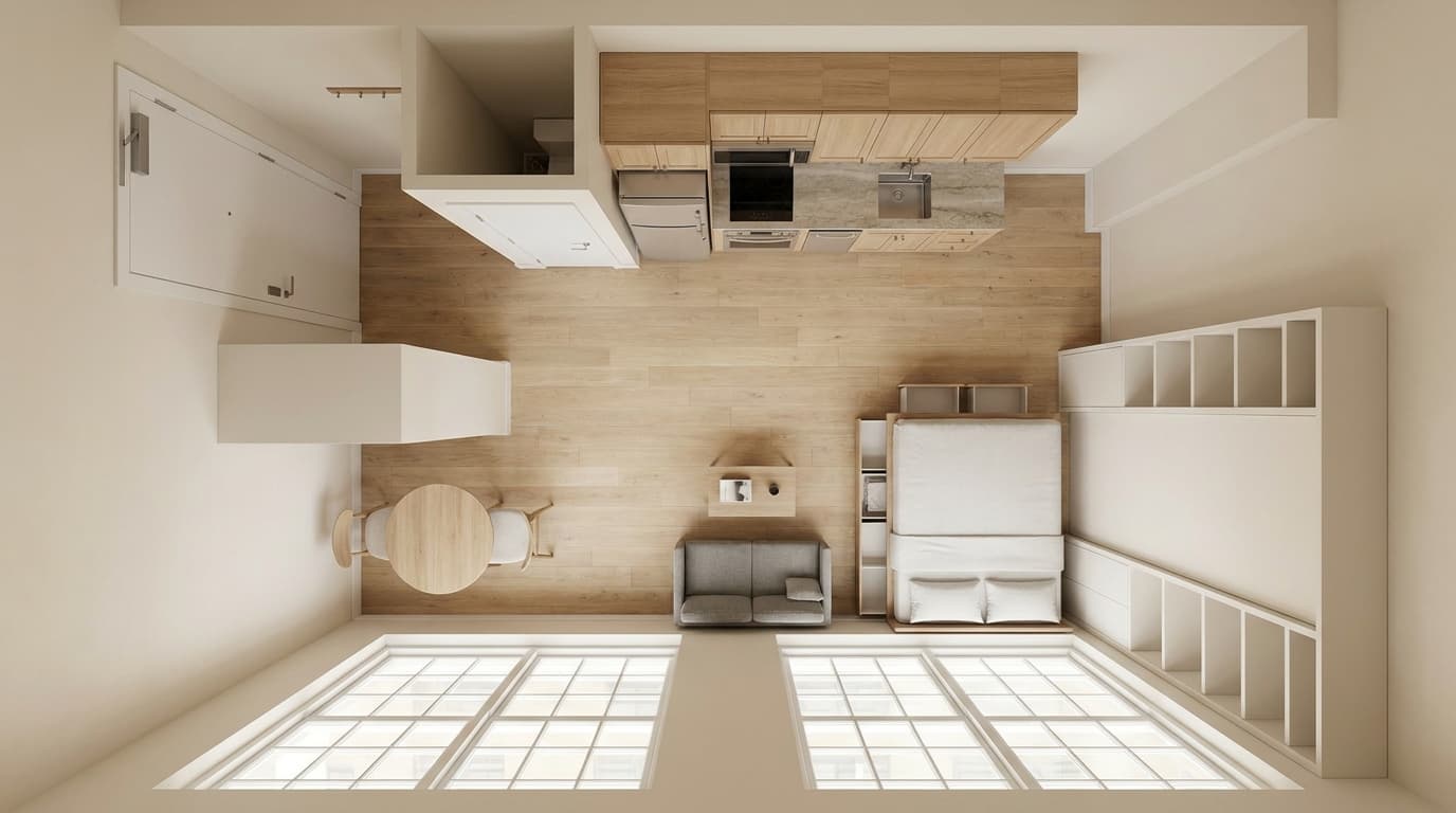 Minimal studio apartment layout with simple furniture, open space, and clean storage solutions.