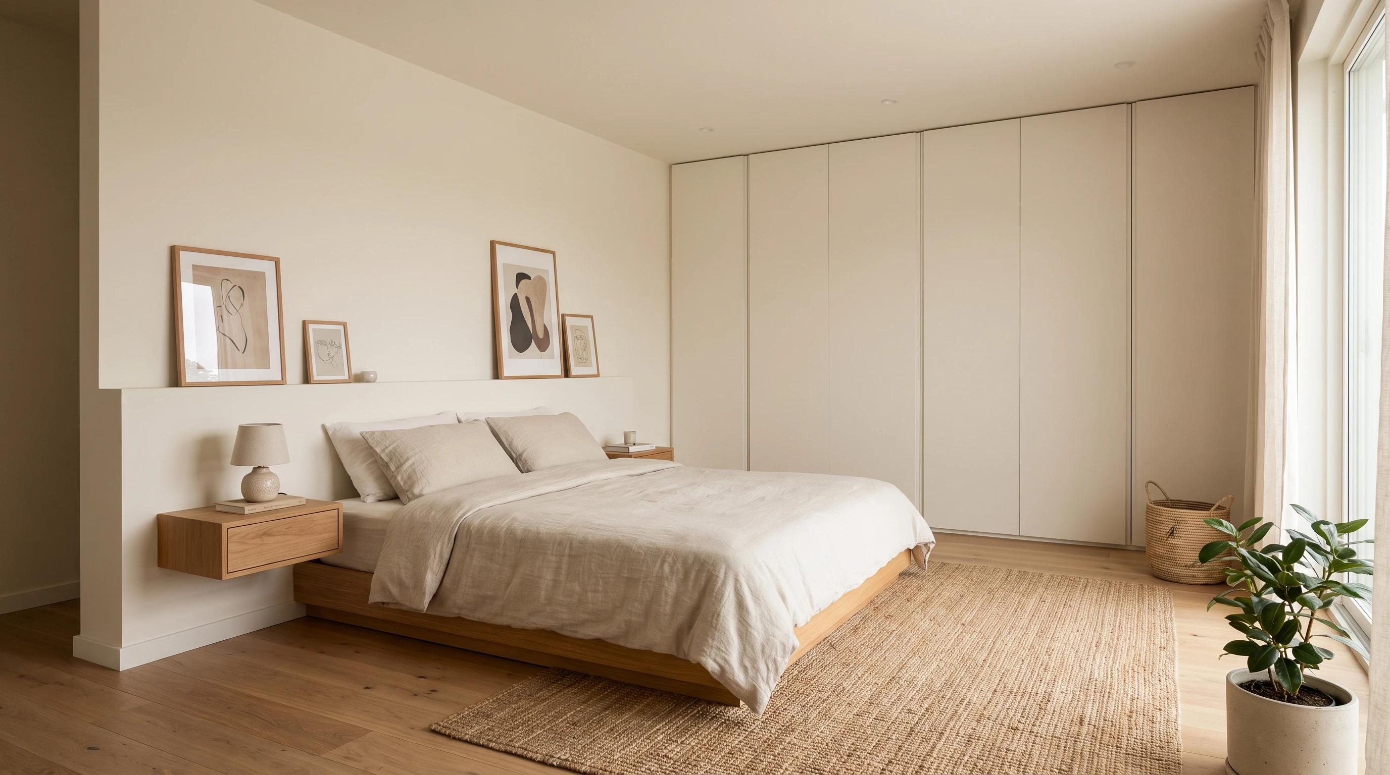 Minimalist bedroom layout with simple furniture and open floor space
