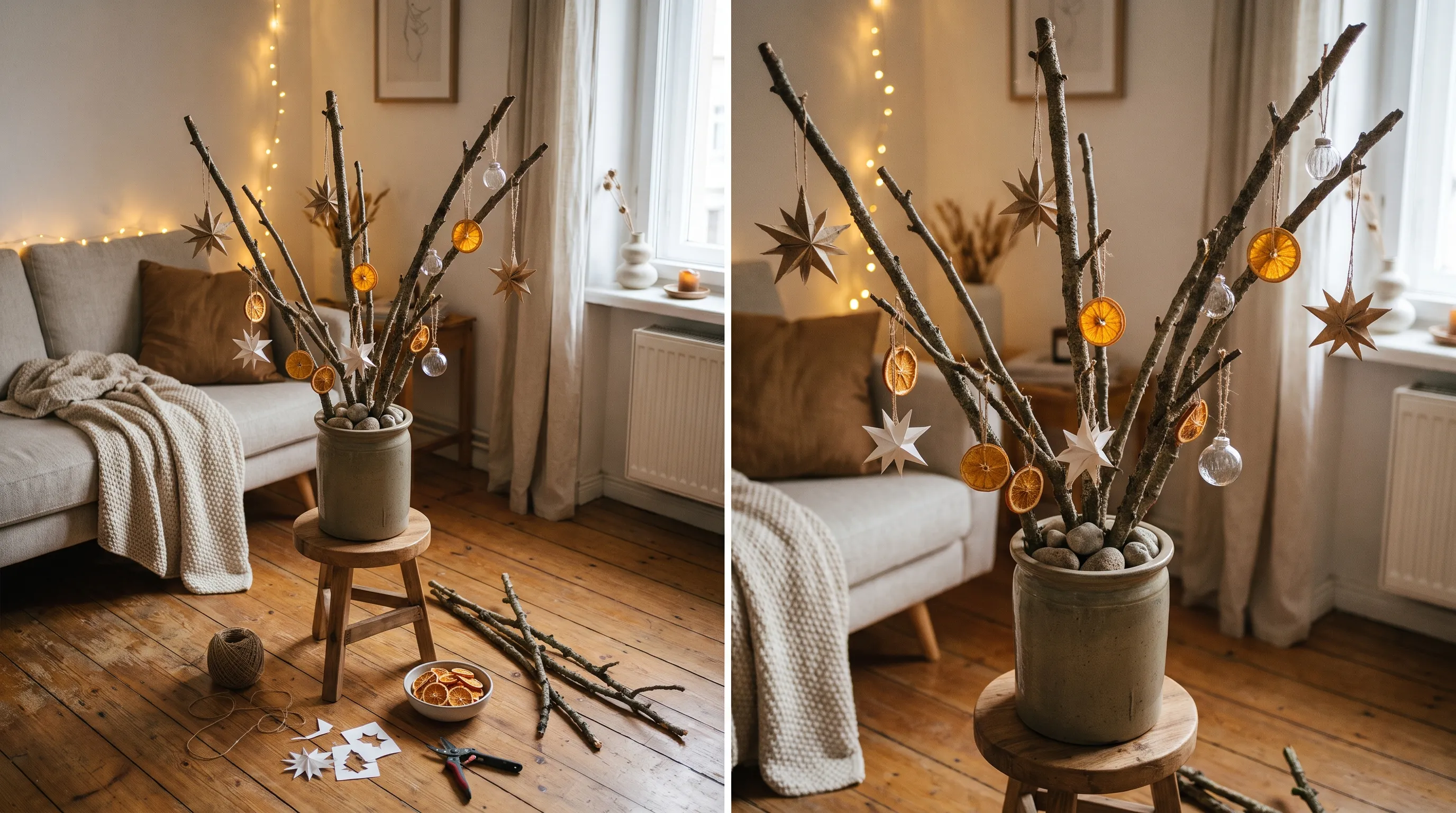 Minimalist Christmas tree made from decorated branches