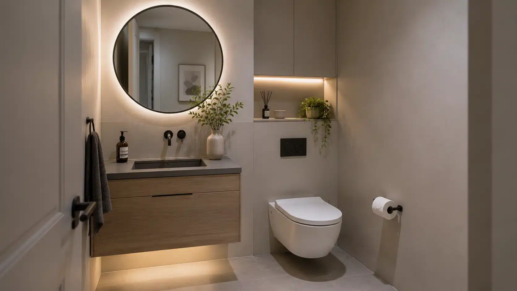Minimalist half bathroom with clean lines, simple vanity, hidden storage, neutral colors, and limited decor.