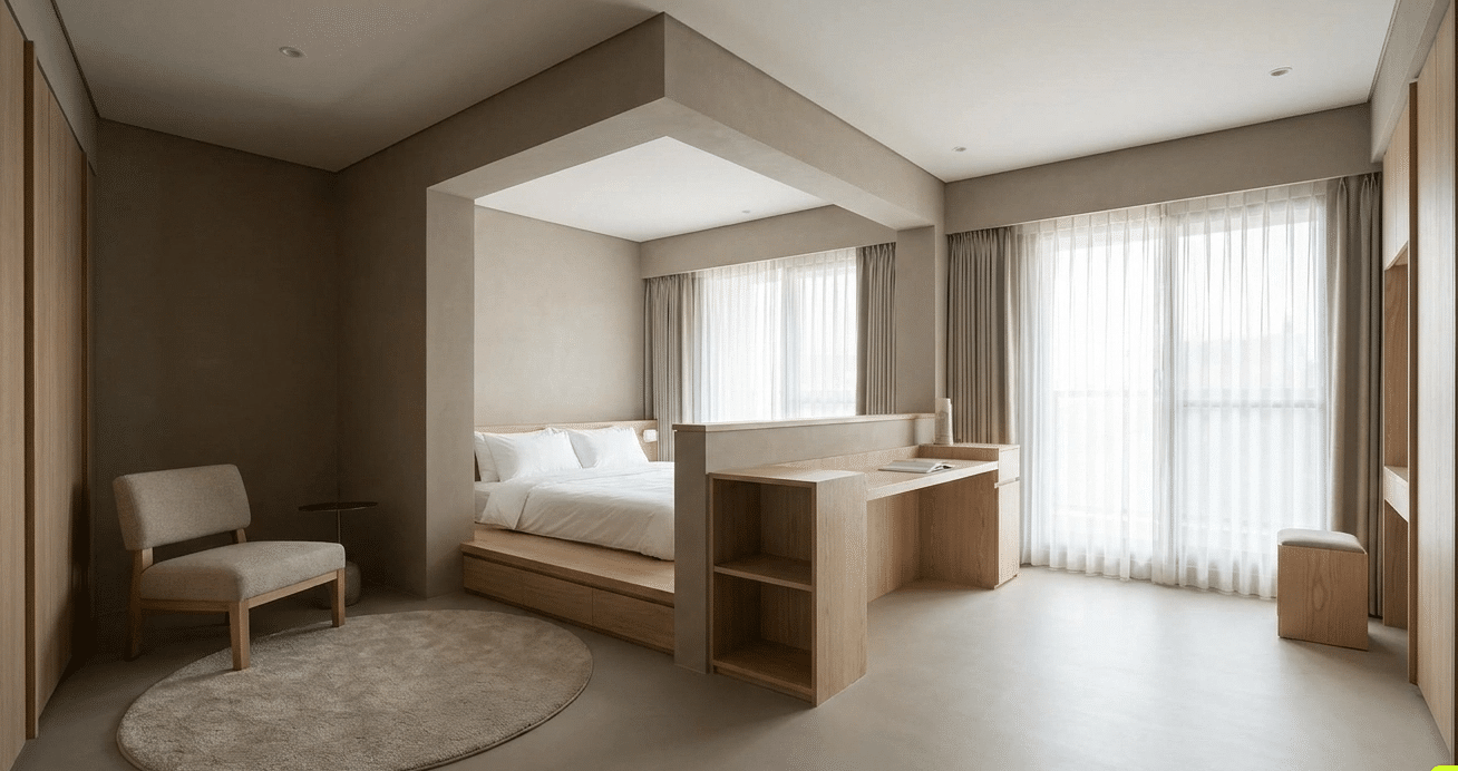 Minimalist L-shaped bedroom layout with bed, lounge area, storage, and warm lighting in a modern spacious interior