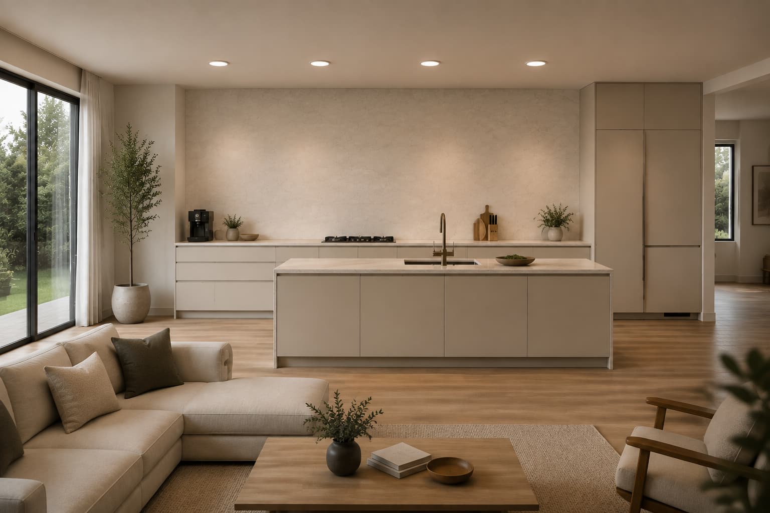Minimalist open kitchen with minimalist decor and no upper cabinets.