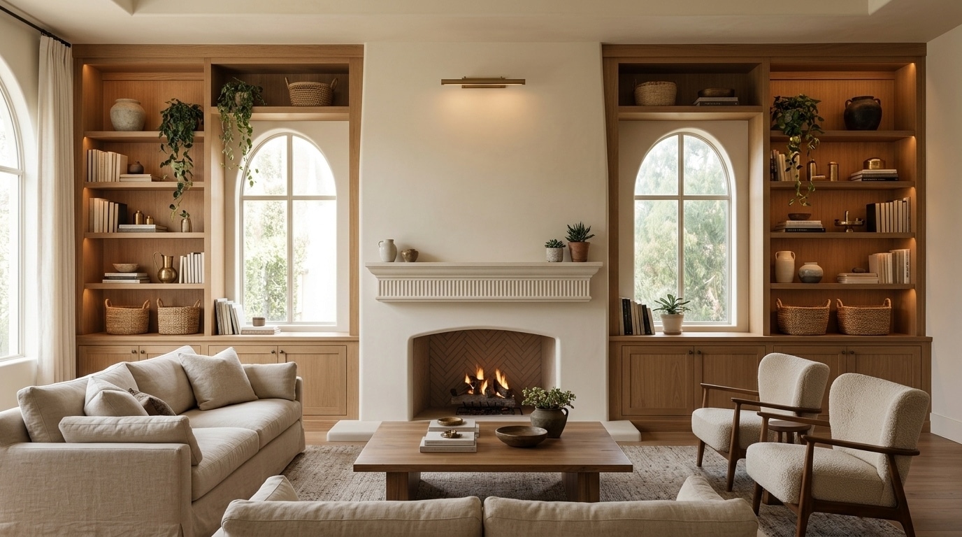 Built-in TV fireplace wall with custom cabinets and an integrated entertainment setup.