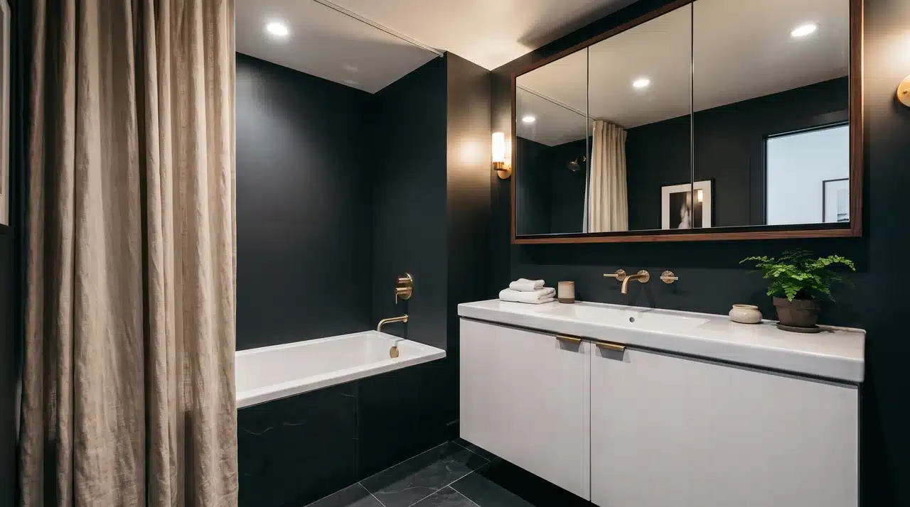 Mirrored cabinet in dark bathroom and a curtain against bathtub