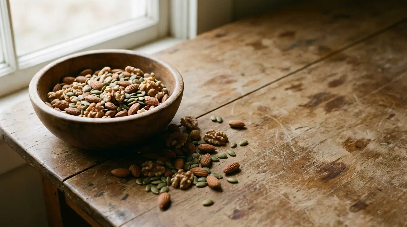 Bowl of mixed nuts and seeds on rustic wooden table in natural light