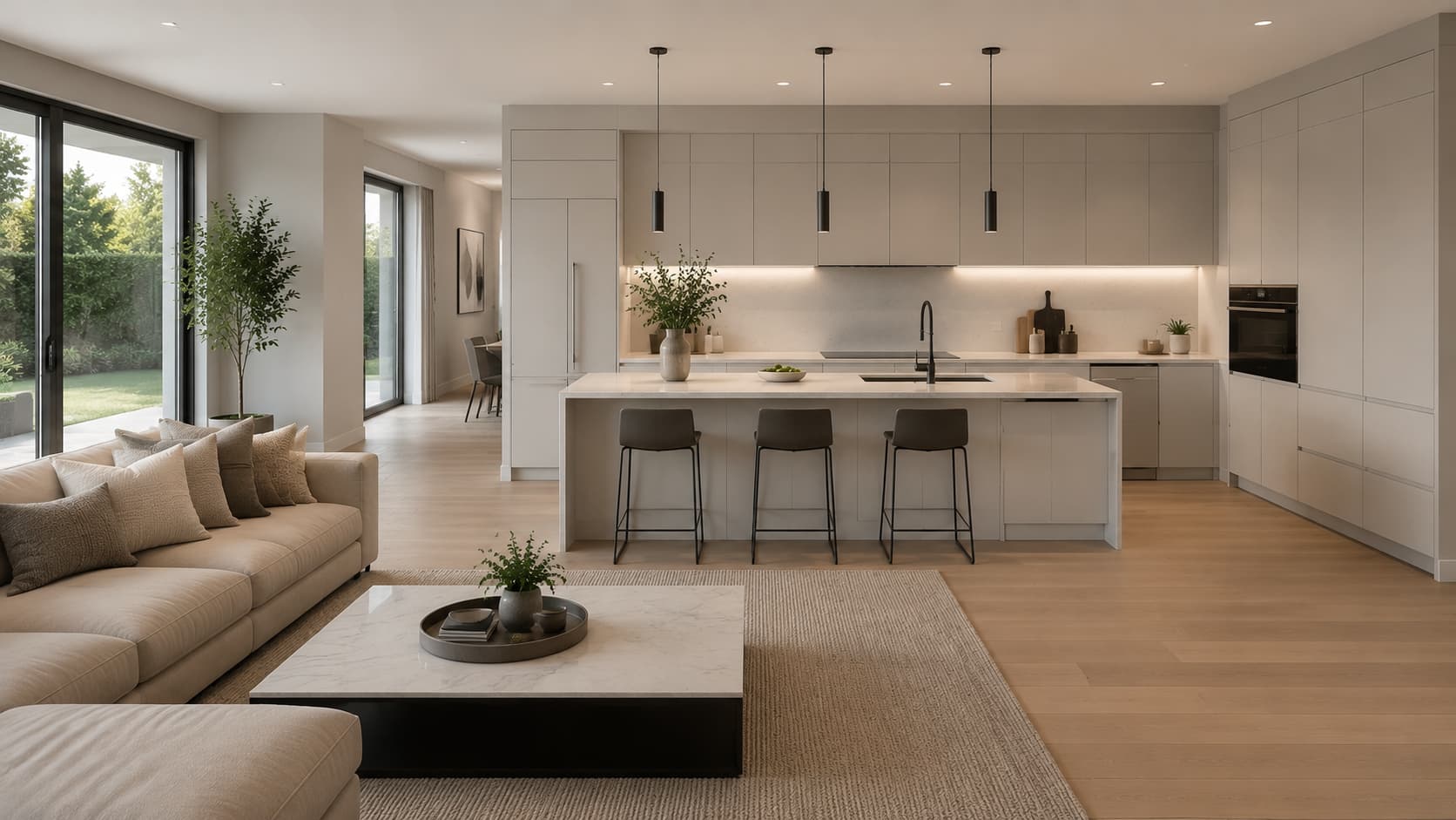 modern and contemporary open kitchen with living room attached and quartz countertop, panel refrigerators