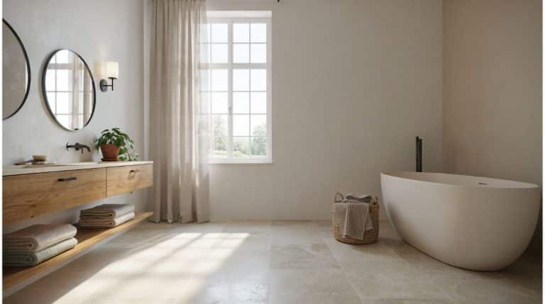 Full view of a modern farmhouse bathroom with wood vanity, black fixtures, and a freestanding tub.