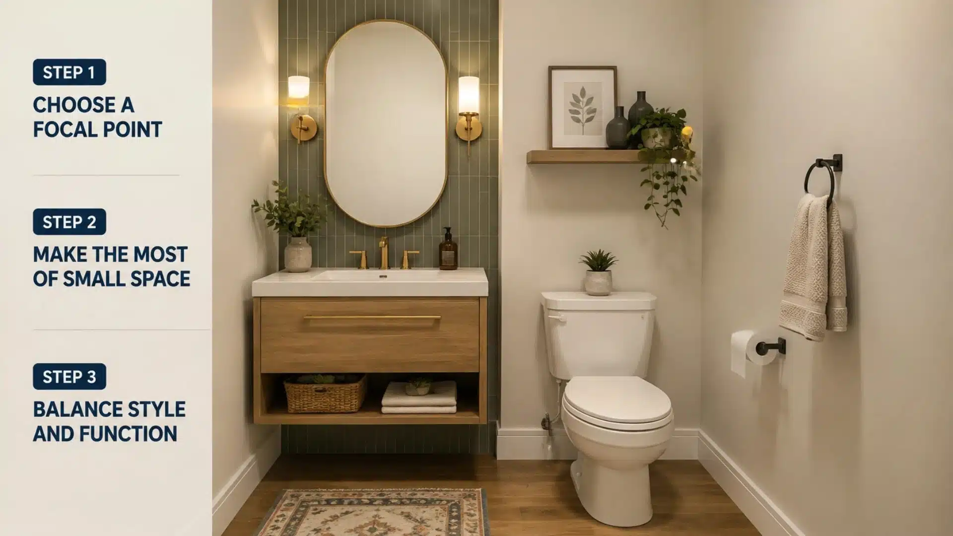 Modern half bathroom infographic showing a vanity, mirror, storage, and design pointers for focal point, space, and function.
