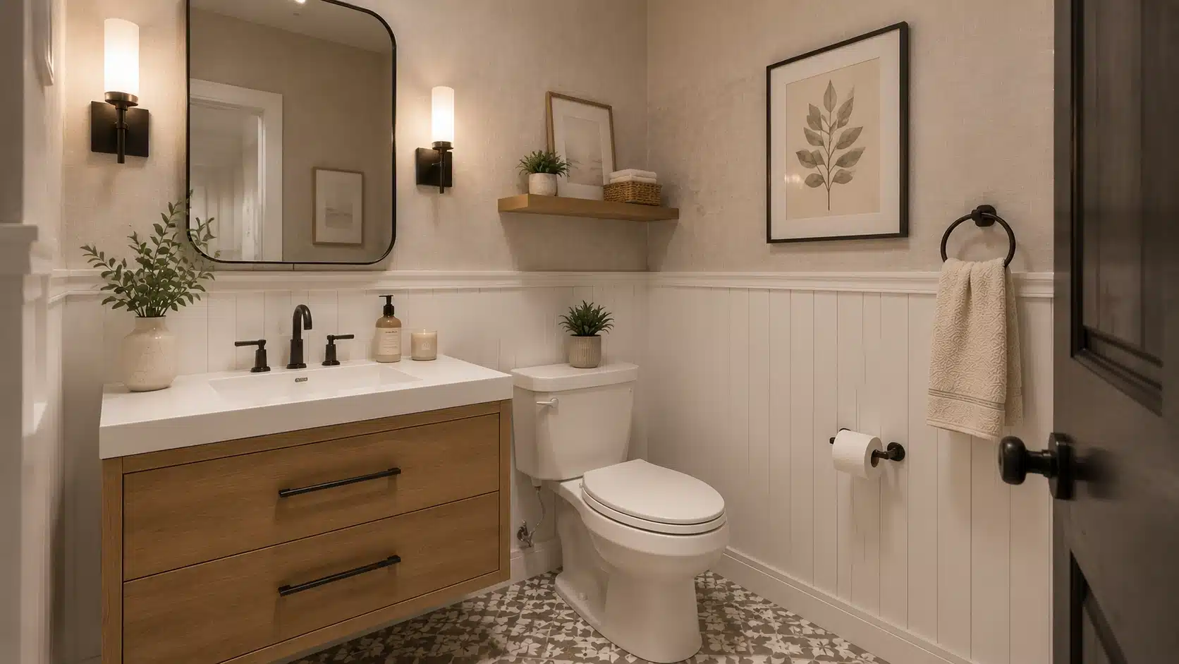 Modern half bathroom with soft neutral walls, natural wood vanity, simple fixtures, and a clean minimalist design.