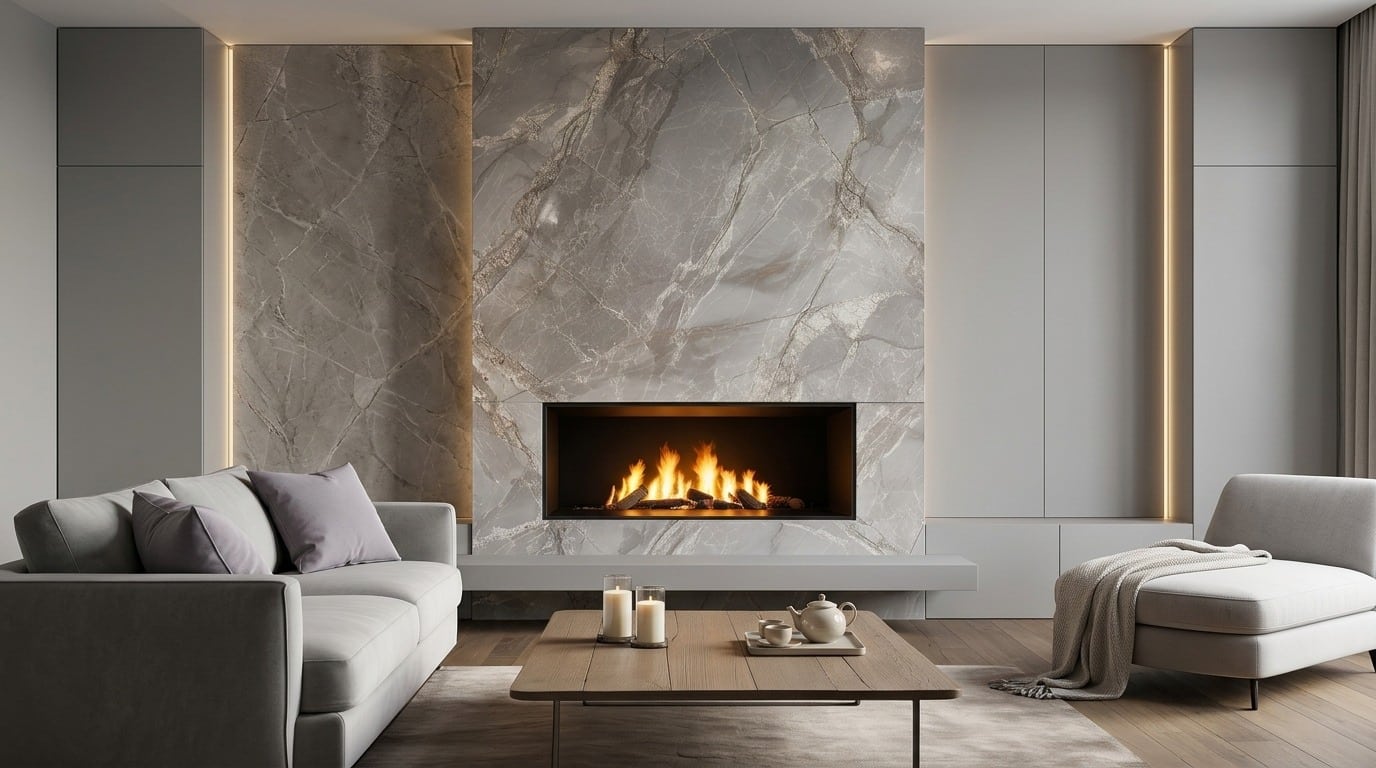 Modern slab stone fireplace wall with seamless panels, floating mantel, and contemporary living room design.