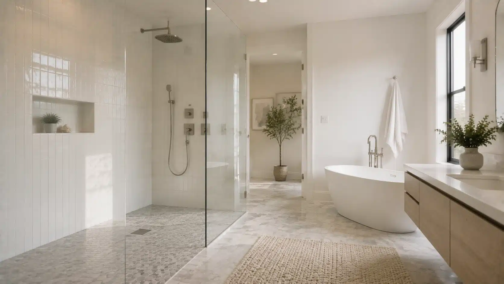 Modern white bathroom featuring a frameless glass shower enclosure, seamless tile flooring, and an airy open layout.