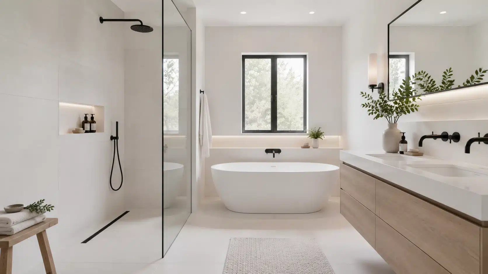 Modern white bathroom with large format tiles, minimal grout lines, freestanding tub, and floating vanity