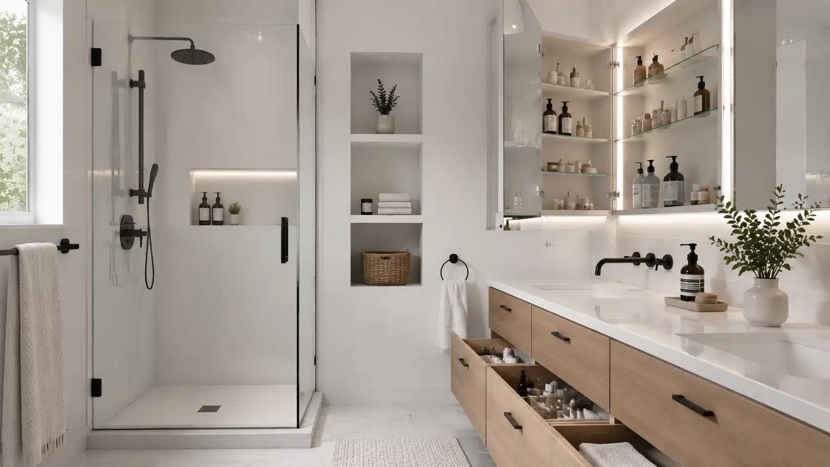 Modern white bathroom with recessed shower niche, mirrored cabinet, and vanity drawers for organized storage.