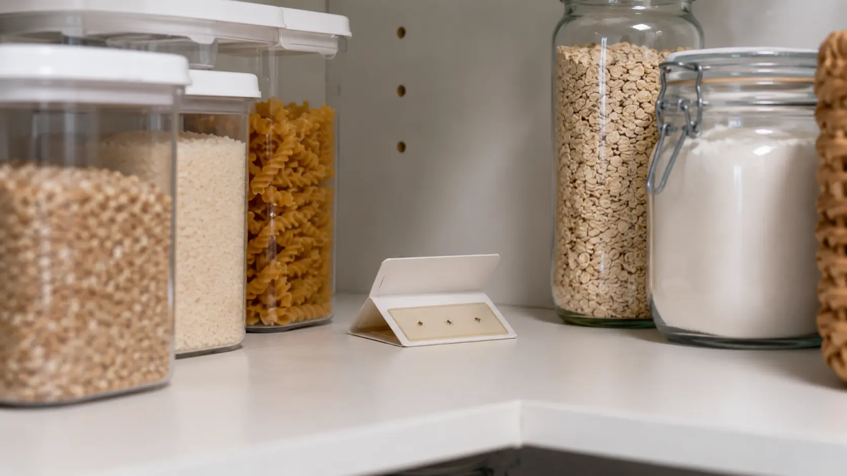 Pantry moth trap placed among airtight containers of grains, pasta, oats, and flour to monitor moth activity