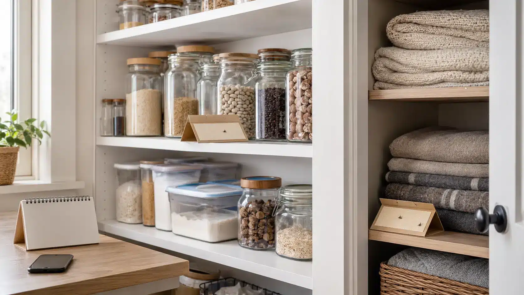 Pantry shelves with food-storage jars, folded linens, sticky insect traps, and a calendar for monitoring pest activity.