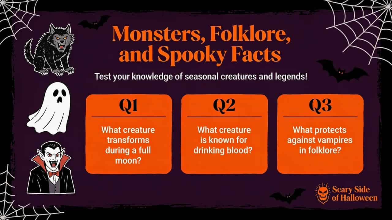 Halloween trivia graphic featuring monsters, folklore, and spooky fact questions with ghost, vampire, and wolf.