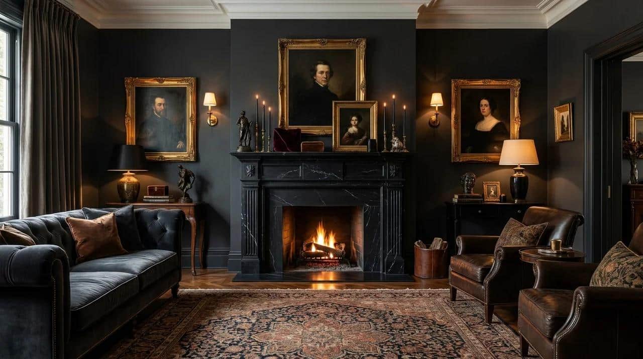Dark fireplace mantel decorated with dramatic elegant accessories.