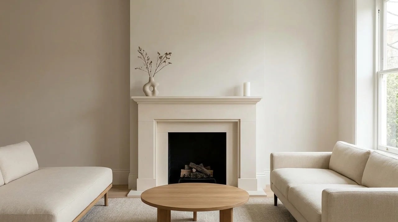 Simple fireplace mantel with minimal decor and open space.