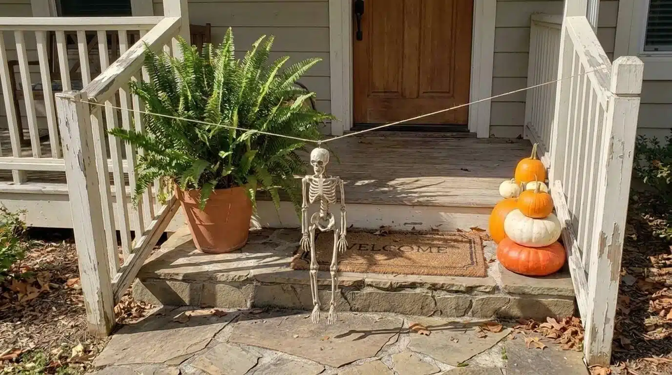 Skeleton prop rigged with string on a porch walkway