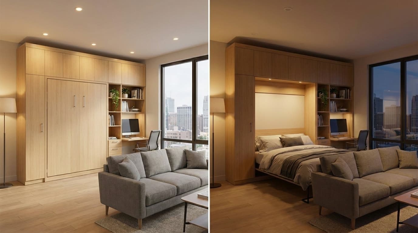 Studio apartment layout showing a Murphy bed that folds away to create a flexible living and workspace area.