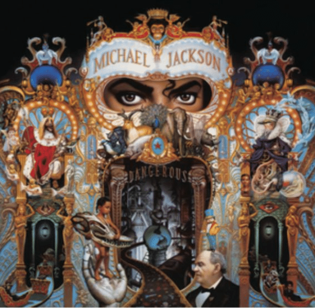 Music album cover featuring a colorful illustrated design with a central portrait and the title Dangerous.