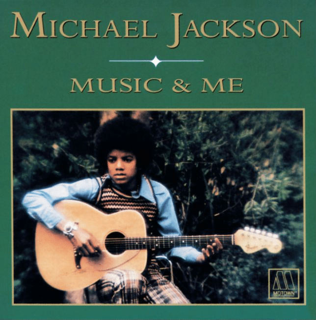 Music & Me album cover featuring Michael Jackson holding a guitar in a nature setting.