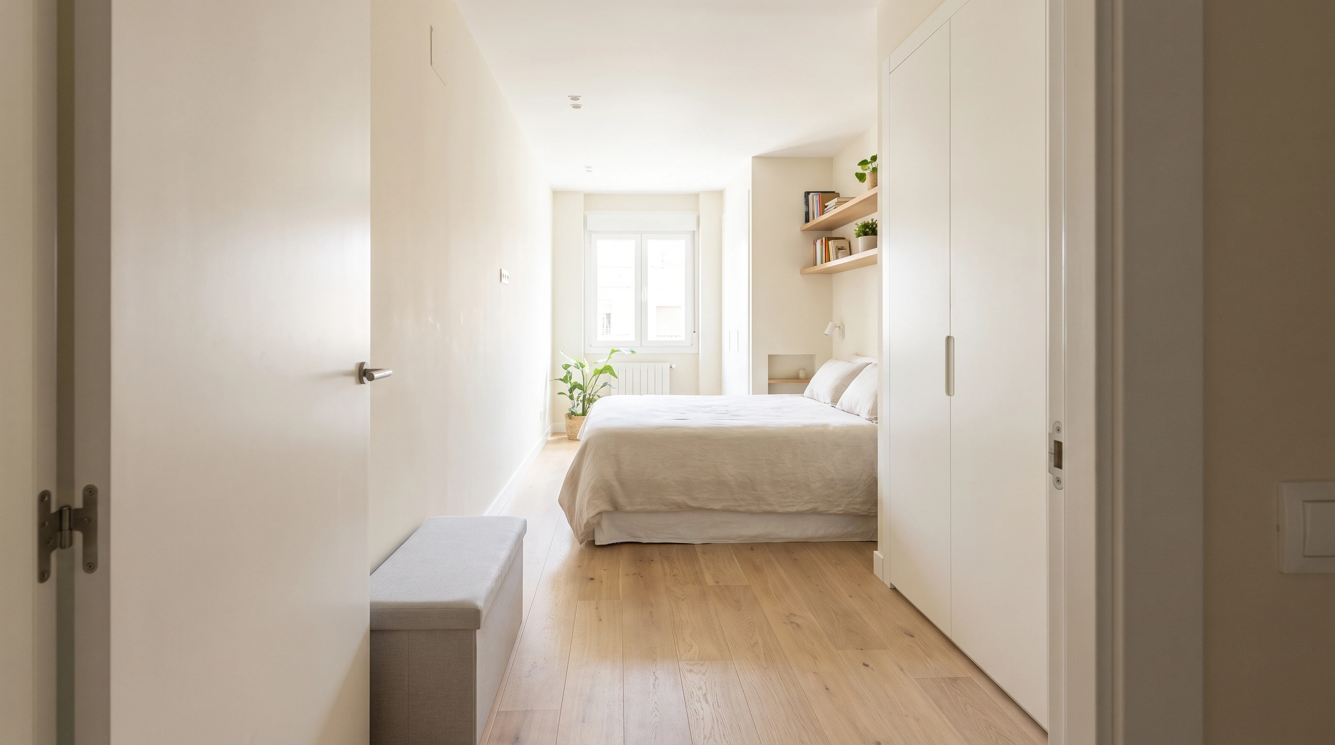 Narrow bedroom layout with slim furniture and open walking path