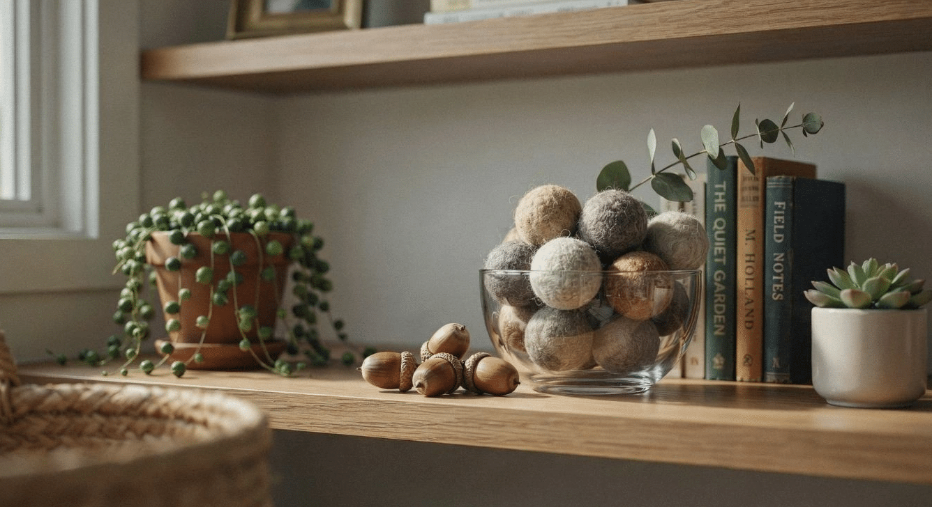 Needle-felted wool acorns filling a glass bowl on a shelf
