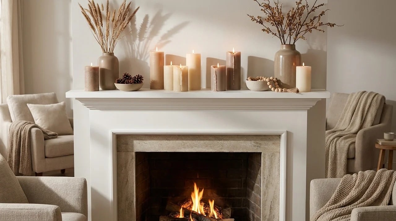 Fireplace mantel decorated with neutral candles and simple accessories.