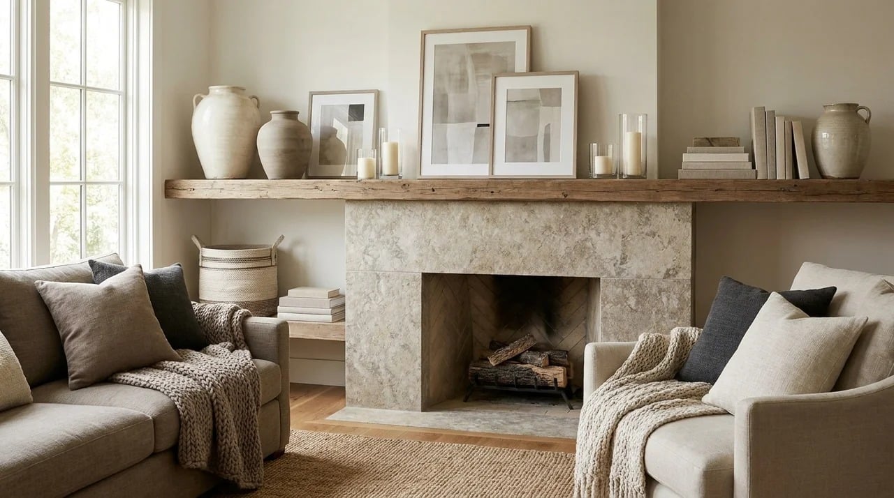 Fireplace mantel decorated with layered neutral colored accessories.