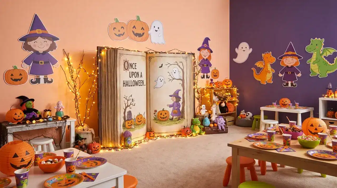 Fairy tale storybook Halloween party setup with oversized book prop and warm fairy lights for a not so scary kids theme.