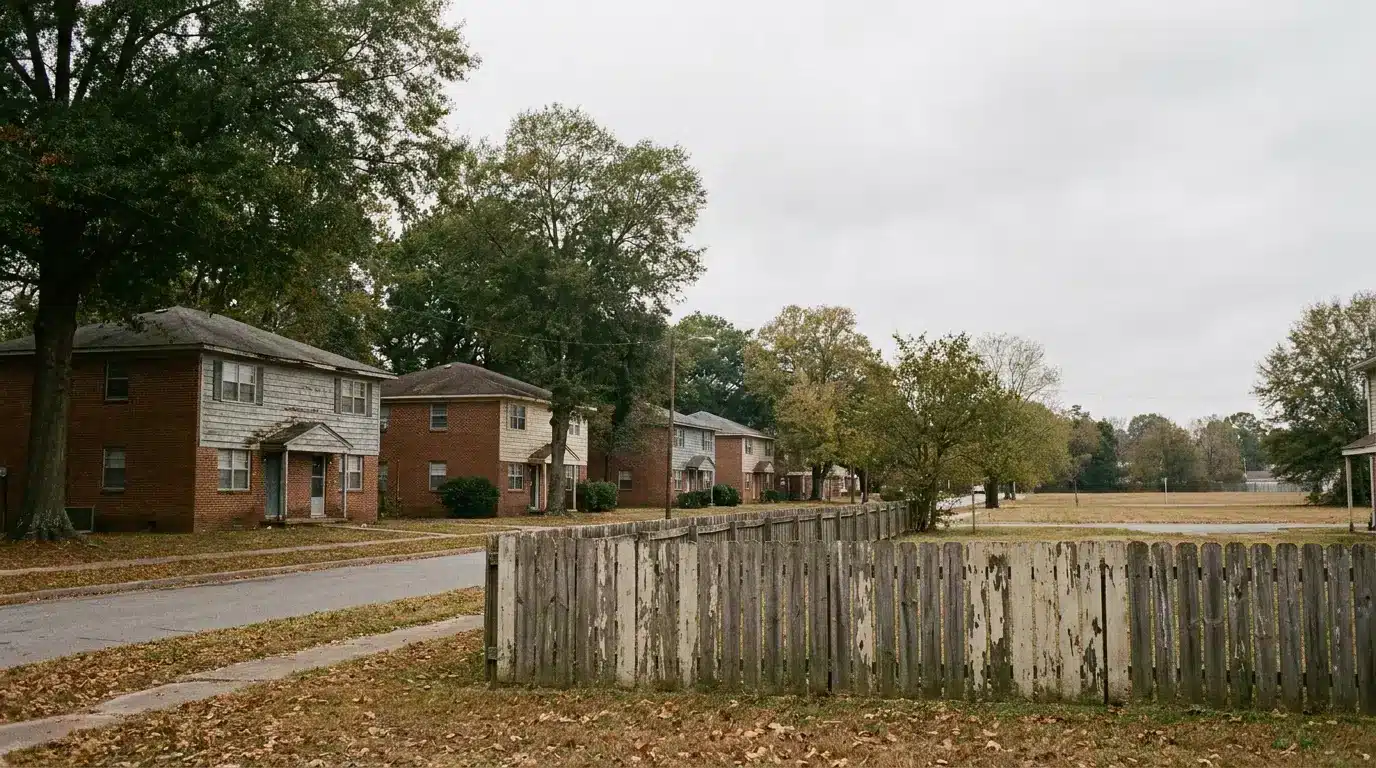 Row of brick apartment buildings lined with trees and a weathered wooden fence in an overcast suburban neighborhood