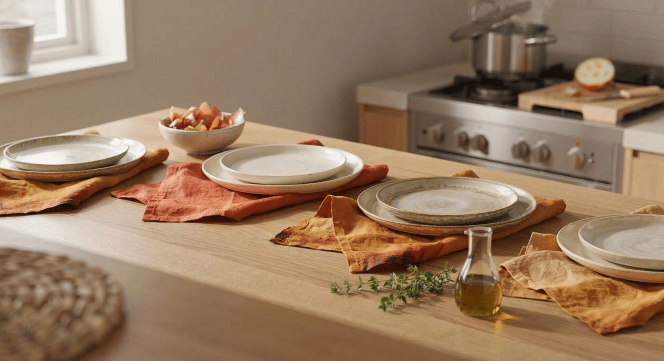 Onion-skin dyed napkins set under plates on a table