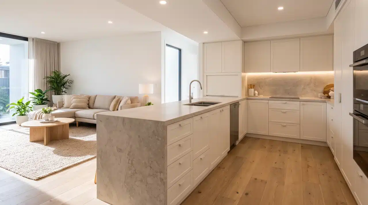 Open kitchen and attached with living room and seperated by kitchen island