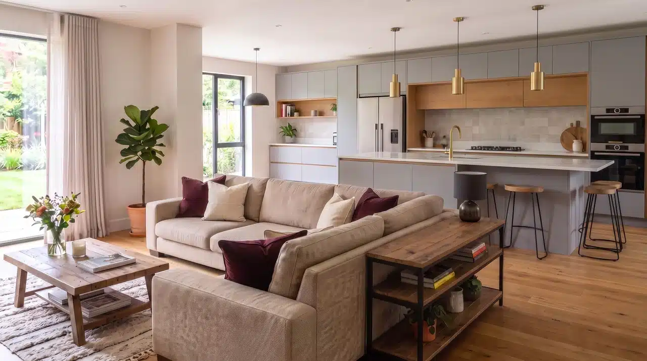 Open kitchen and living room separated by a sofa with a connected seating area.