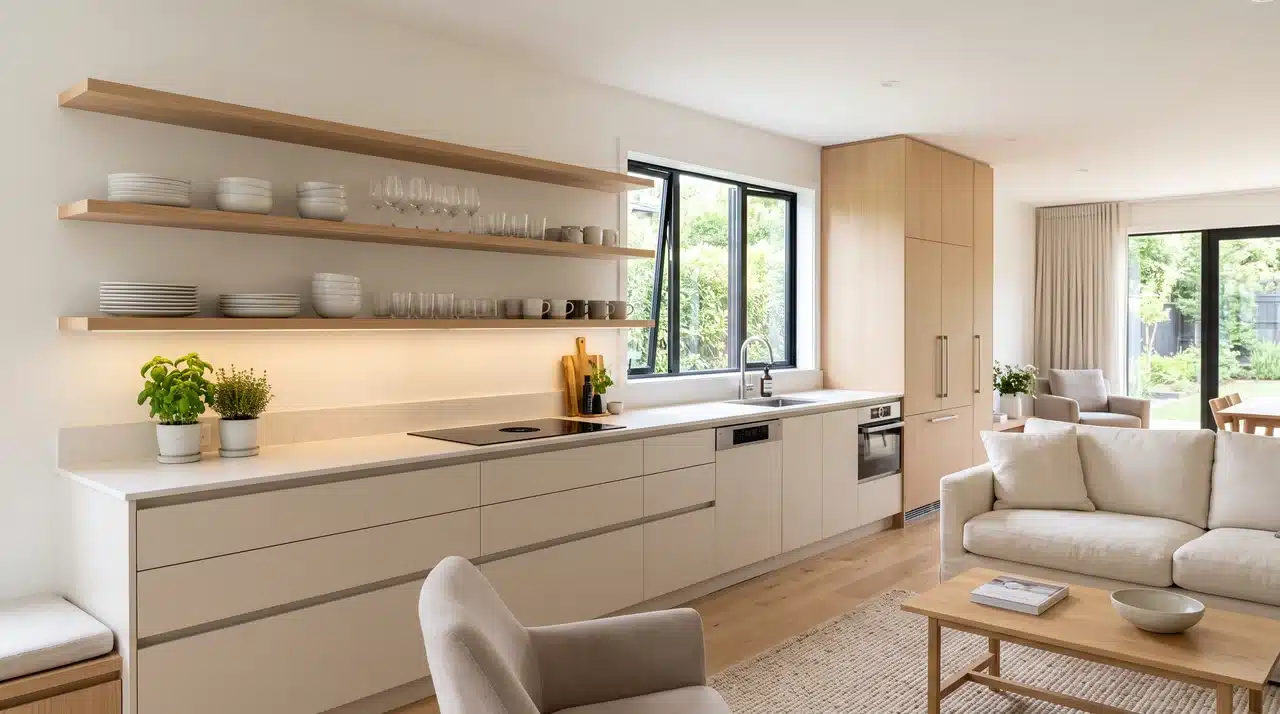 Open kitchen storage style with upper cabinets all replaced by open shelves