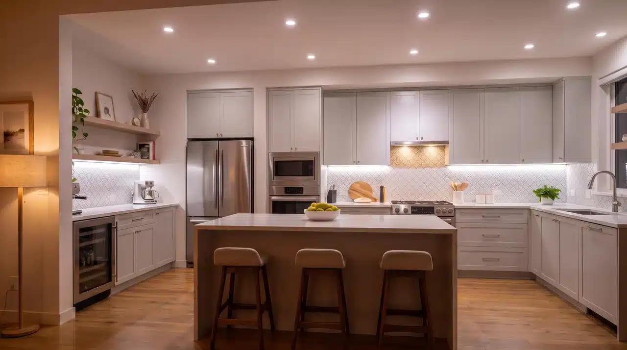 Open kitchen with bright task lighting, under-cabinet LEDs, and warm living room lighting.