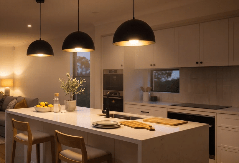 Open kitchen with pendant lights over the island and warm living room lighting.