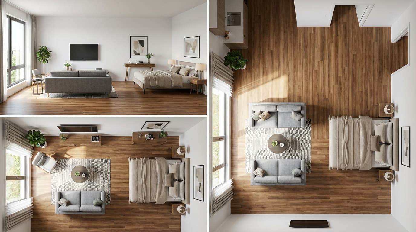 Studio apartment layout with floating furniture placement creating distinct living and sleeping zones in an open space.