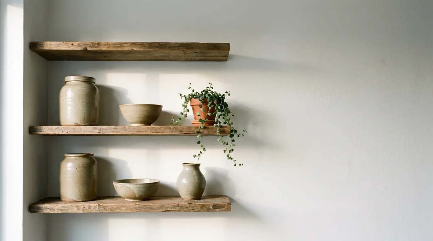 Rustic wooden shelves with ceramic jars and a potted plant against a white wall