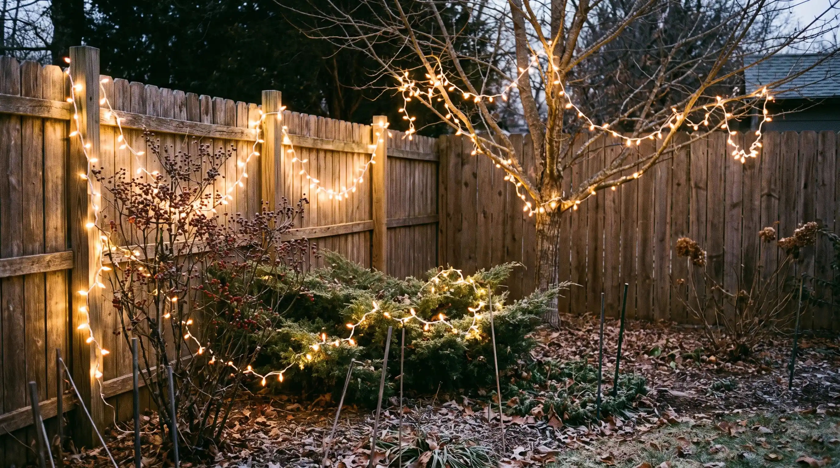 Outdoor Christmas lights decorating trees and garden areas