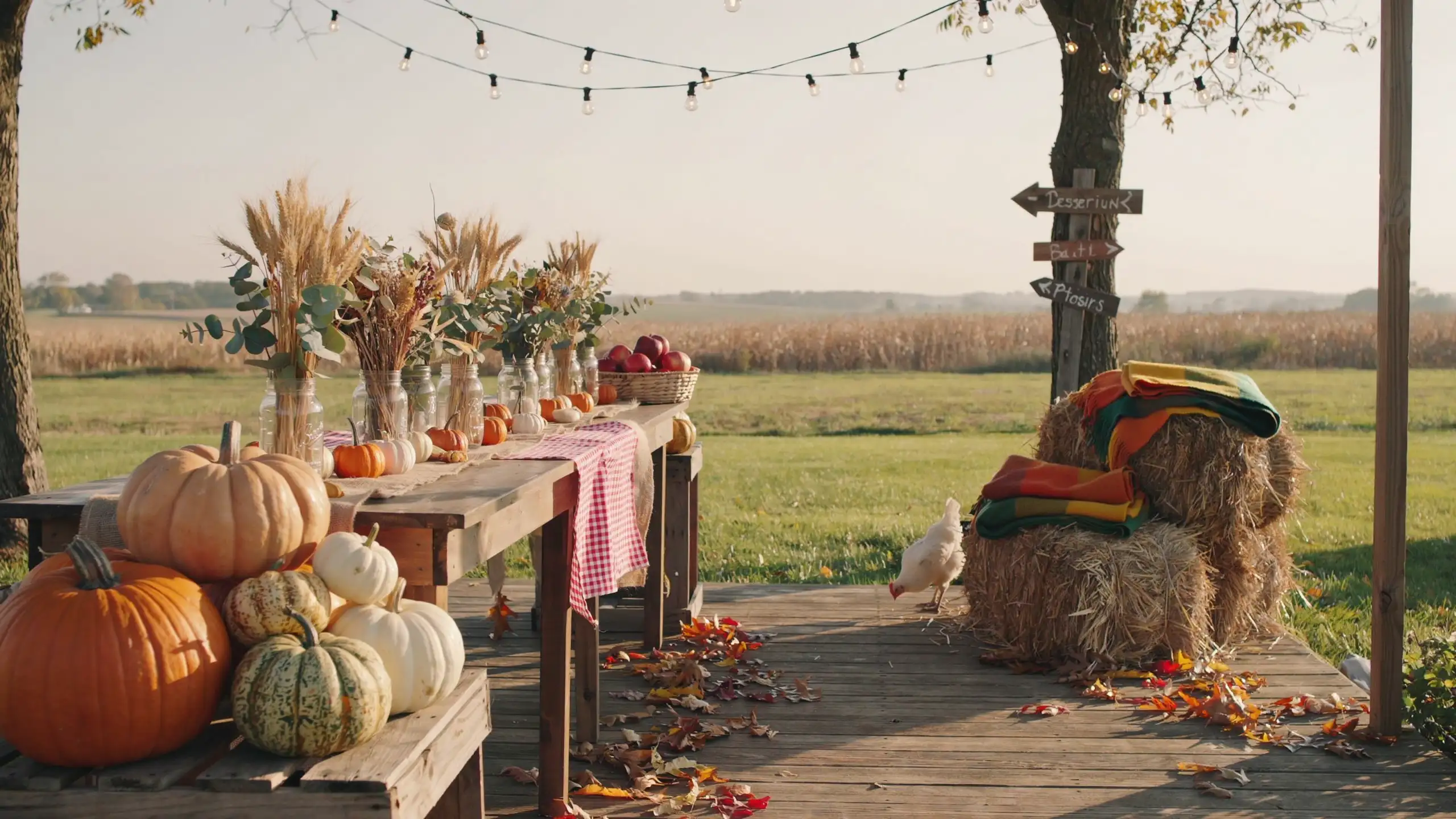 Outdoor fall festival setup with pumpkins, hay bales, and rustic decor
