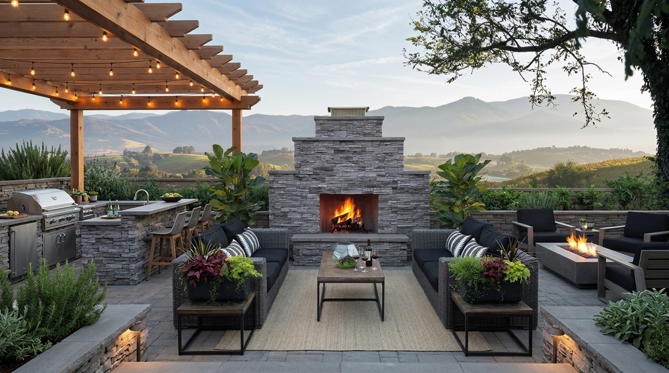 Outdoor fireplace accent wall with stone design and a comfortable entertaining area.