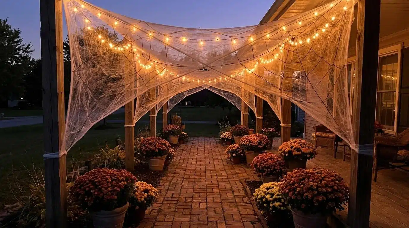Lighted spiderweb canopy over a garden walkway