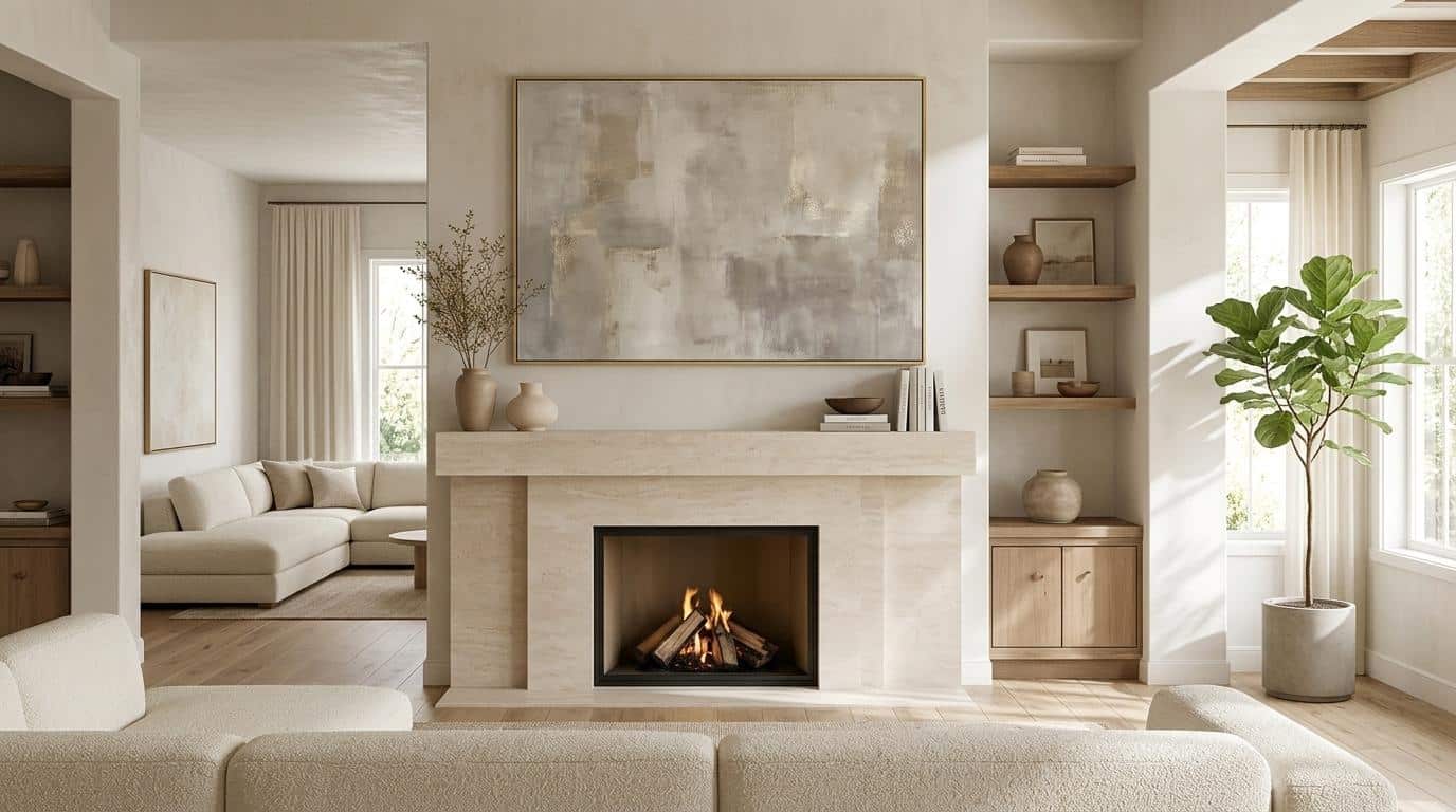 Modern fireplace mantel with oversized abstract artwork above it.