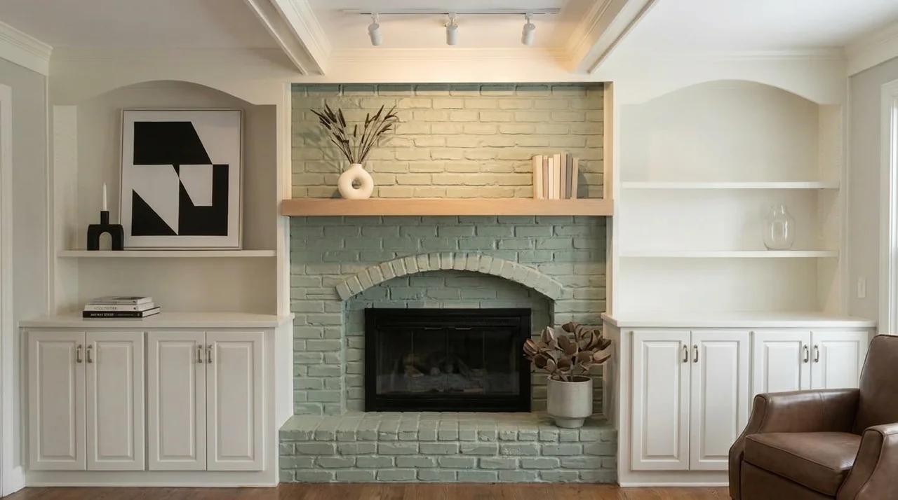 Painted brick fireplace wall with a clean white finish and modern fireplace design.