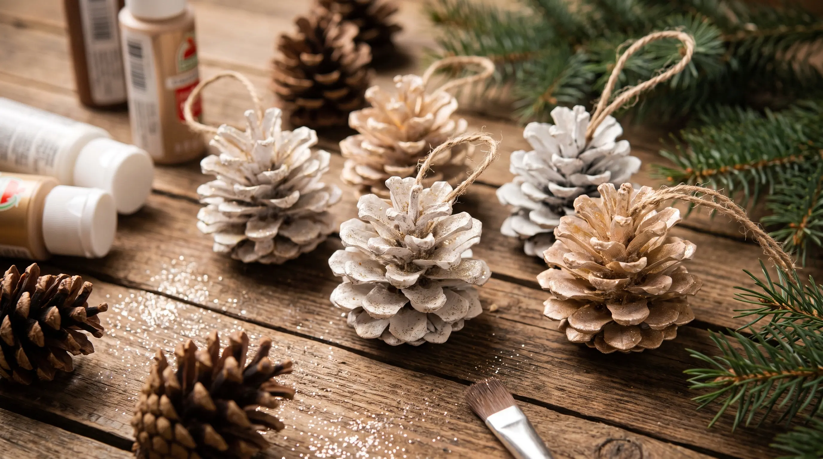 Painted pinecone Christmas ornaments with twine and glitter