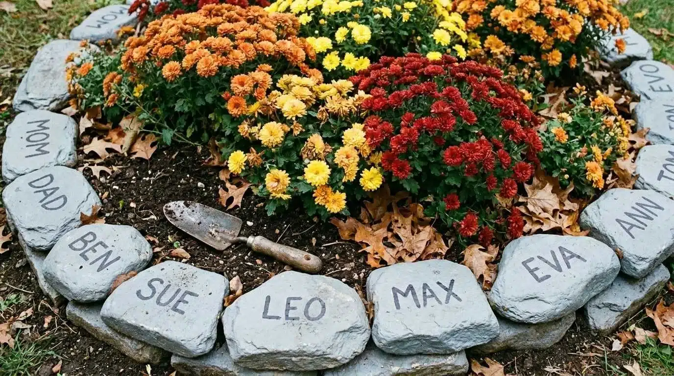 Painted rock tombstones bordering a flower bed
