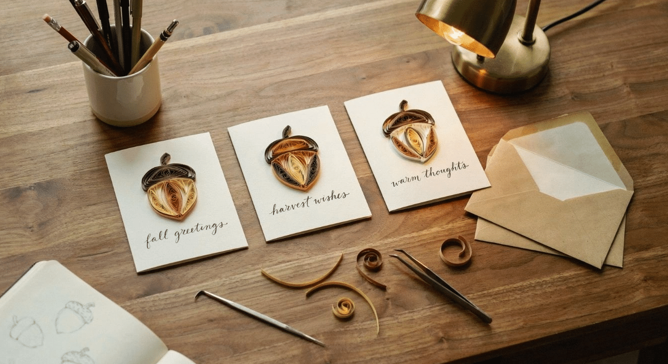 Paper quilled acorn greeting cards laid out on a desk