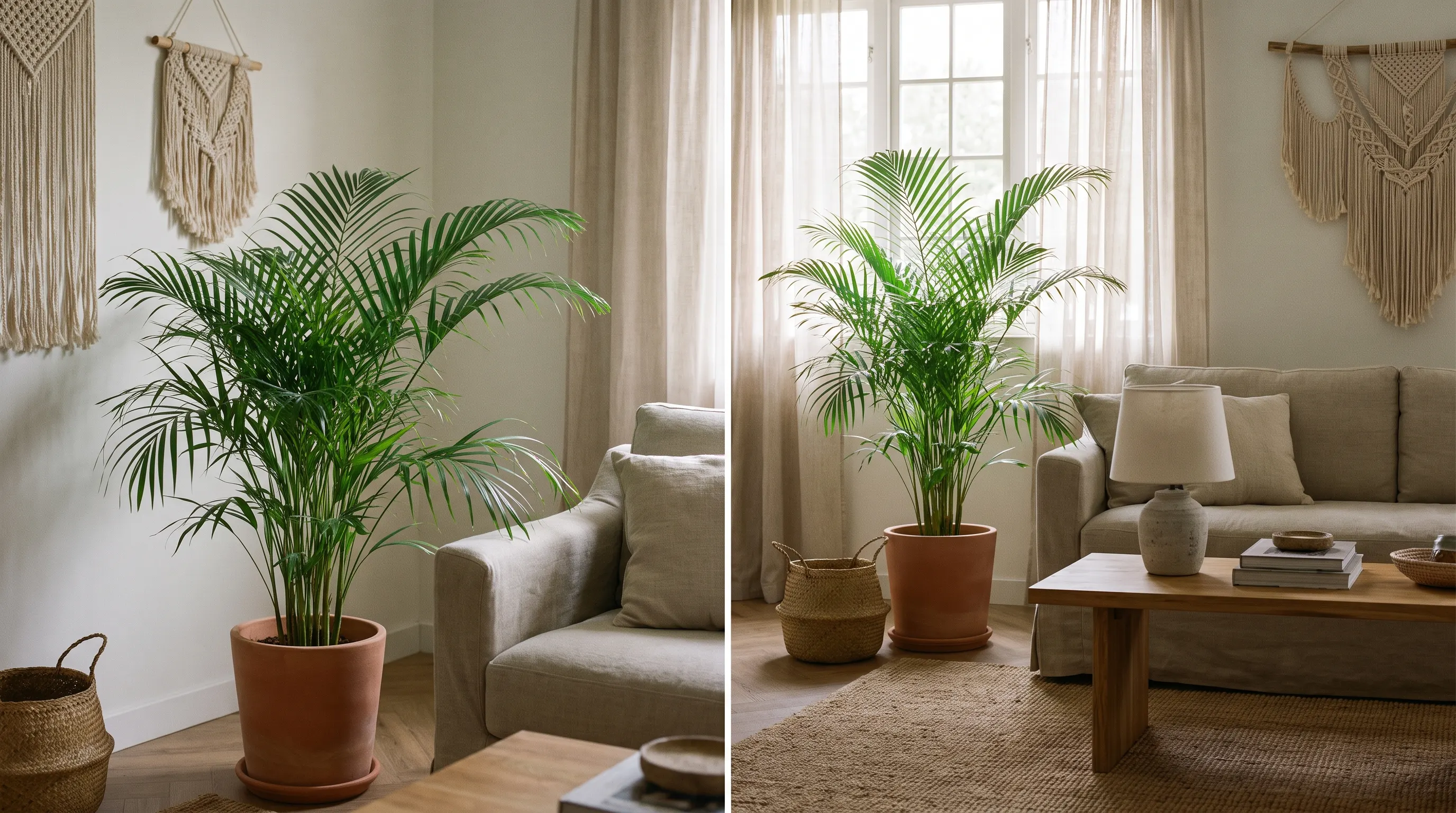 Parlor palm with tropical leaves growing in a shaded living room